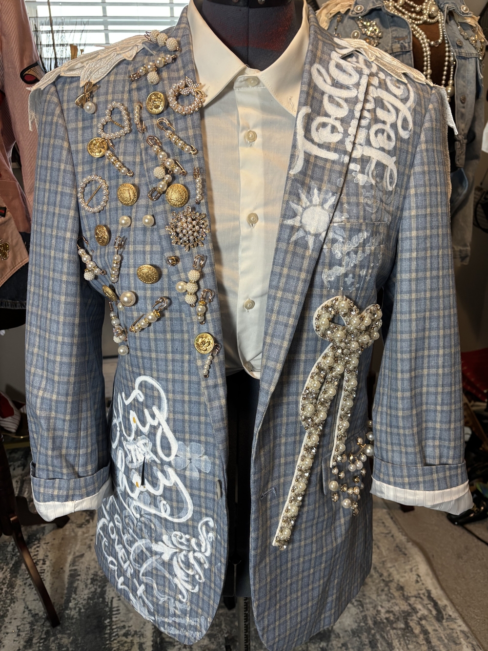 Embellished Plaid Blazer Jacket - Light Blue